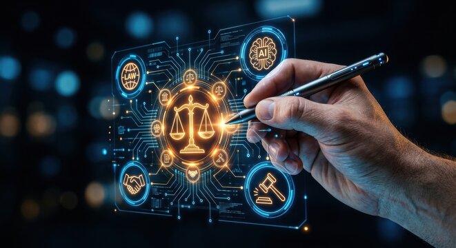 Intricate digital law justice scale system. Ai regulation compliance enforcement governance sets standard. Crucial for legal interface.