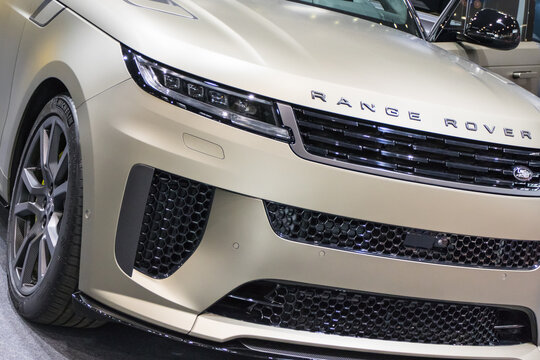 Poznan, Poland - April 05, 2024: Poznan Motor Show. Front of Range Rover. Detail of vehicle