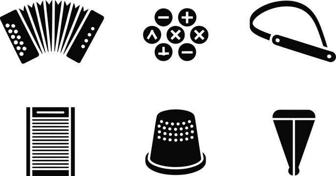 Accordion mathematical symbols leash washboard thimble cone icons vector illustration