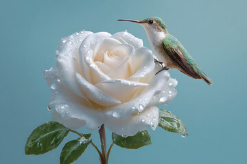 Fototapeta premium A hummingbird perched delicately on a blooming white rose