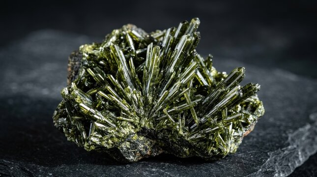 Vibrant green epidote crystals, prismatic and acicular formations on dark matrix, showcasing intricate geological detail