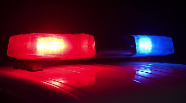 Emergency vehicle lights flashing red and blue on a dark background police