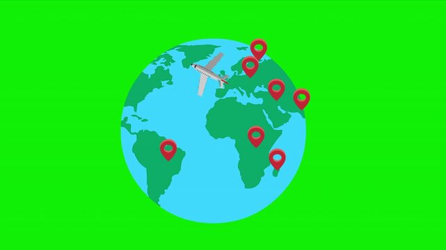 Global Travel Airplane Flight Around Earth With Map Pins &ndash; 4K Video Motion Graphics With Chroma Key Green Screen Background