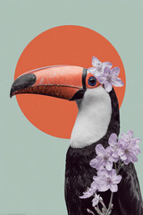 Obraz premium Surreal tropical toucan collage with pastel plants and vibrant background colors creating modern exotic wildlife composition for summer design and contemporary decor