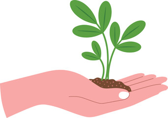 Human hand holding a small green plant with soil, environmental conservation and growth concept vector illustration