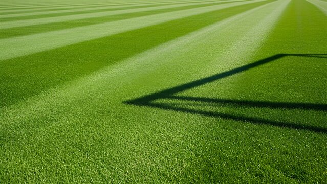 Closeup of a perfectly manicured sports field with distinct mowing stripes and a goalpost shadow.