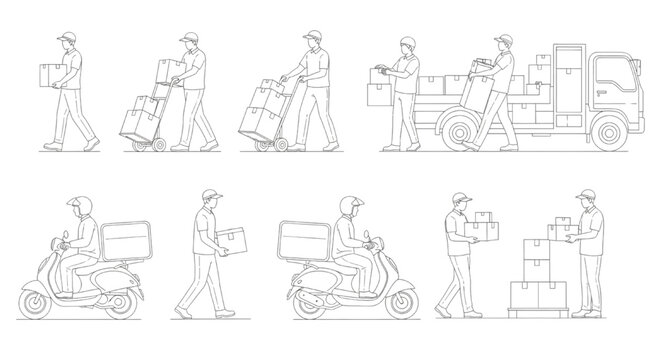 Delivery Courier People CAD Line Drawing &ndash; Package Delivery Personnel for Architectural Project Layout