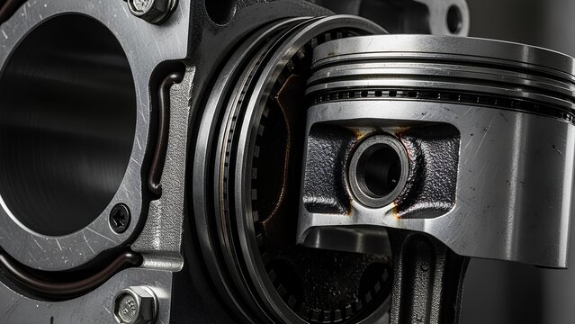 Closeup of a Piston and Cylinder Block in an Engine.