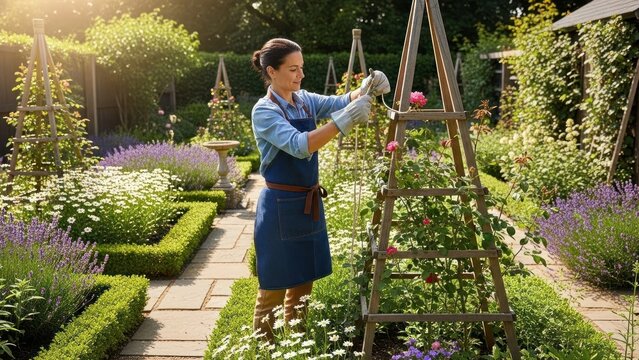 A woman tends to roses in a vibrant, meticulously maintained garden with wooden trellises