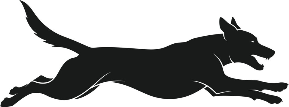 Running dog silhouette vector illustration, energetic canine jumping in motion isolated for pet logo design, animal mascot branding, dog training graphics and sports themes