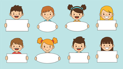Fototapeta premium Diverse group of eight cheerful cartoon children, boys and girls, happily holding blank white signs for your custom message.