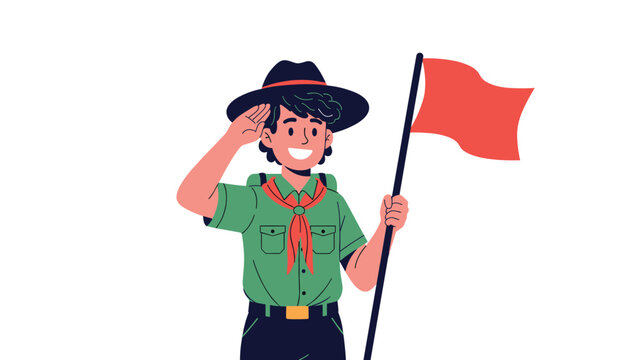 Confident boy scout in uniform and hat saluting proudly, holding a red flag, symbolizing leadership and readiness for adventure.