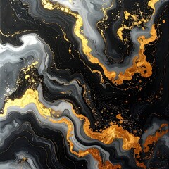 Abstract swirls of black, gray, and gold create a marbled effect. Texture and depth