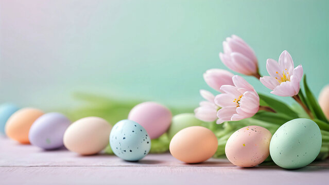 Easter Eggs Border With Flowers Pastel Background