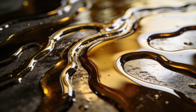 Golden oil flow on reflective surface with glossy ripple texture and petroleum price mention creating warm abstract scene