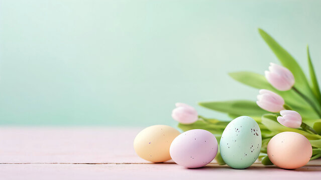 Pastel Easter Eggs With Spring Flowers Minimal Scene