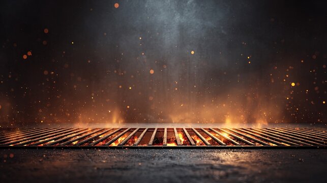 Empty cast iron grill grate with burning fire and smoke, barbecue background