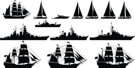 Black and white silhouette collection of ships and boats including sailing vessels, yachts, battleships, destroyers, galleons, tall ships, maritime illustration © Razia