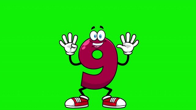 Funny Мagenta Number Nine 9 Cartoon Character Showing Hands Number Nine &ndash; 4K Animation Video Motion Graphics With Chroma Key Green Screen Background
