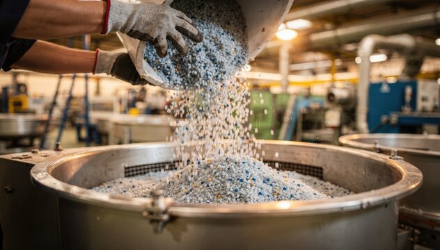 Medium shot of plastic granules being manually poured into an extruder hopper showcasing hands and textured pellets in vibrant industrial setting.