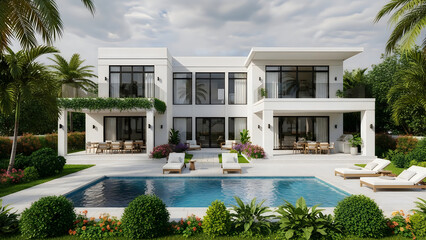 Fototapeta premium Large modern house with pool and outdoor furniture in tropical setting isolated on white background