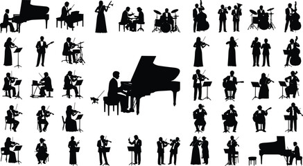 Collection of orchestra musician silhouettes playing classical instruments including piano, violin, cello and trumpet for symphony music performance design © Polash