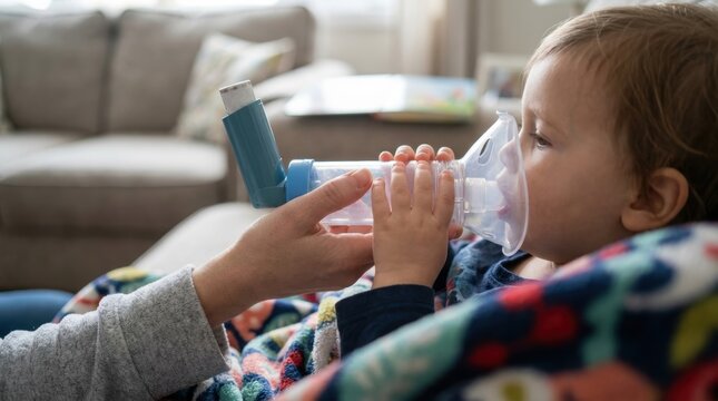 Close up of a toddler receiving respiratory medication using a medical inhaler and spacer with a mask held by an adult