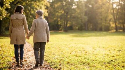 Fototapeta premium Two women different generations walk hand in hand on an autumn park path Warm sunlight illuminates the scene