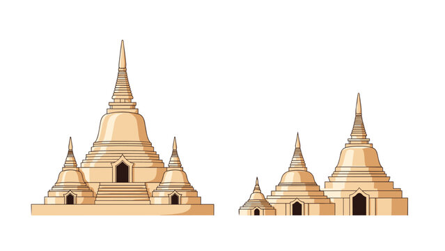 Exquisite vector illustration of traditional Thai stupas or pagodas in a rich golden color, depicting ancient architecture and cultural heritage.