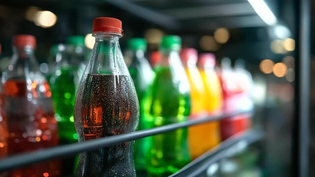 Vending machine with soda bottles of different colors close-up, glass bottles filled to brim, standing on sides in front of other bottles, beverage dispenser detail, colorful