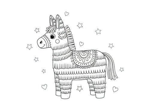 A black and white image of a donkey pi&ntilde;ata