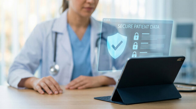 A female doctor in a white coat looks at a holographic screen displaying secure patient data.
