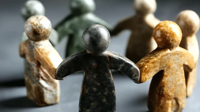 Stone figures of people of different colors holding hands, inclusive business thinking concept, values of dignity and respect, teamwork visualization, solid diversity display,