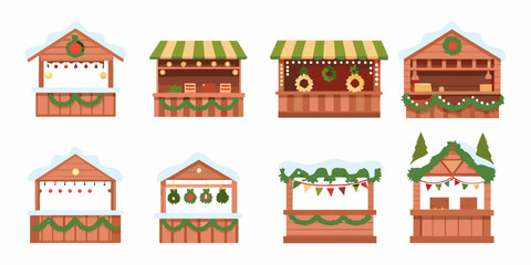 Fototapeta premium Festive christmas market stalls with winter decorations and snowy rooftops