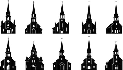 Obraz premium Black Church Silhouettes Set Featuring Christian Chapel Icons and Cathedral Building Shapes Isolated on White Background for Religious Architecture and Spiritual Design