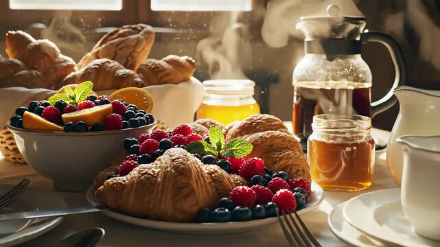 Breakfast table displaying pastries fruit coffee and morning sunlight
