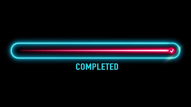 2d animation of loading bar progress completed, neon bliue and pink color, futuristic motion graphic