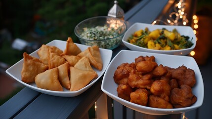 Fototapeta premium Muslim neighbor sharing iftar meal with Hindu family during Ramadan, mixed dishes of samosas and pakoras arranged on shared balcony table under string lights at dusk, perfect for interfaith