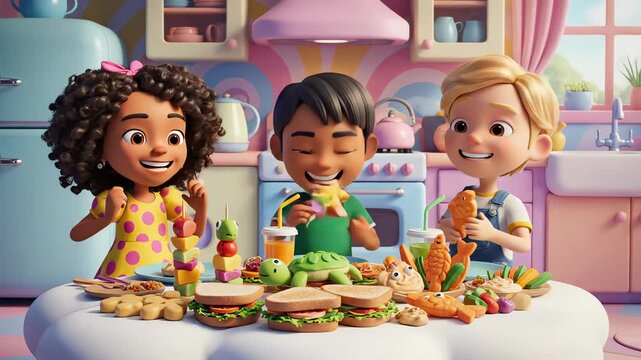 Children gathered around table enjoying food in bright kitchen