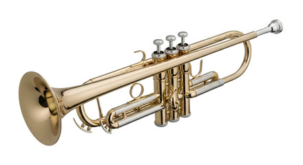 Fototapeta premium A polished brass trumpet with three valves and a shiny golden finish isolated on transparent background
