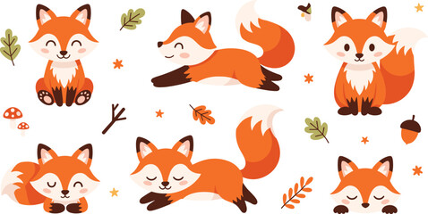 Cute Fox Cartoon Vector Collection Featuring Adorable Red Foxes Sitting, Sleeping, Walking and Smiling with Autumn Leaves, Mushrooms and Woodland Forest Elements. © MstSuborna