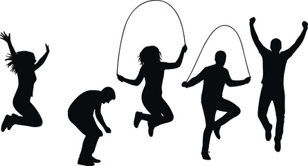 Jumping people silhouettes with skipping rope vector, fitness workout activity action poses energetic athletes isolated illustration set