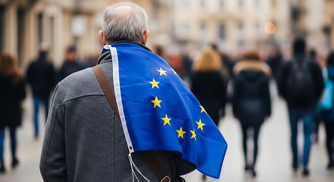 A Man With European Flag Drape Over His Shoulder In A Crowd