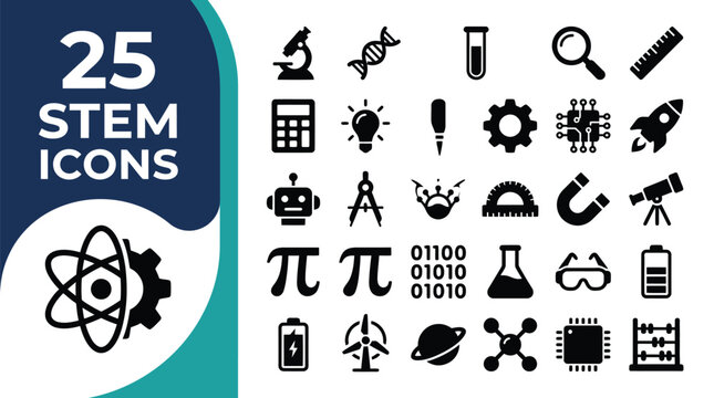 A collection of 25 STEM icons representing science, technology, engineering, and mathematics.