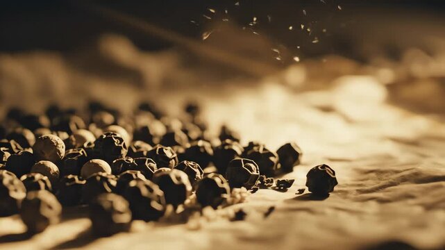 Close up of black pepper corns on textured surface