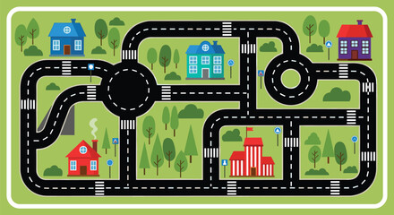 Obraz premium Colorful children’s road map illustration with houses, trees, roundabouts, traffic signs, playful urban planning design, educational learning concept