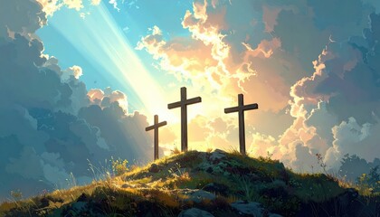 Fototapeta premium Three crosses on hill with dramatic sunrise sky, crucifixion concept