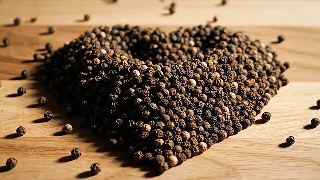 Close up of black peppercorns falling onto a wooden surface creating a heap