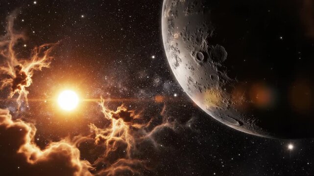 Planet and moon in space with sun and nebula