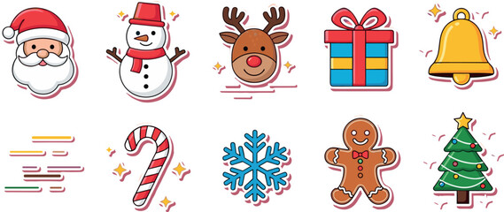 Cute Christmas icon collection with Santa snowman reindeer gift candy cane snowflake gingerbread and tree festive vector illustration © Vector Design Hub